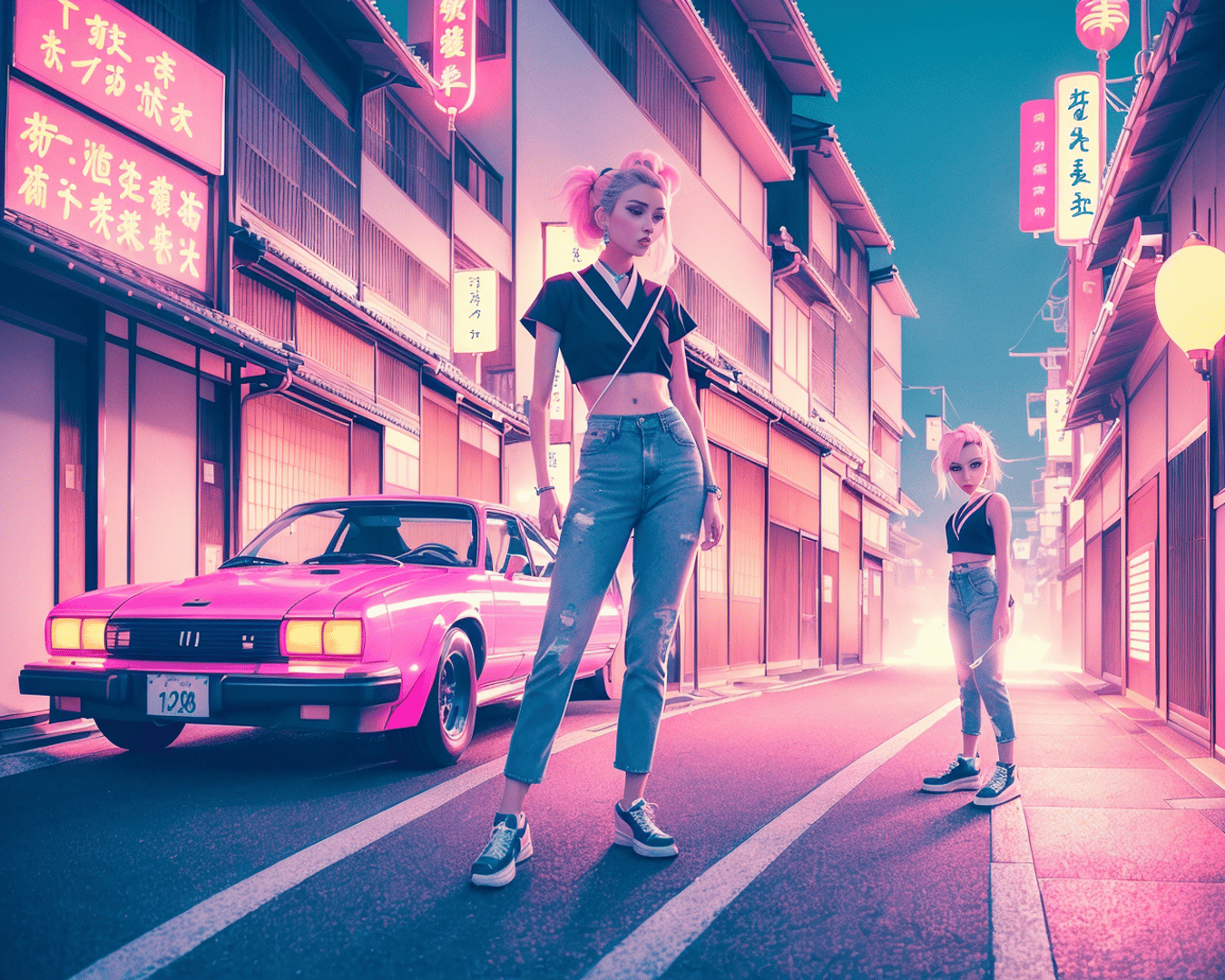 AI generated wallpaper featuring girl, car, street