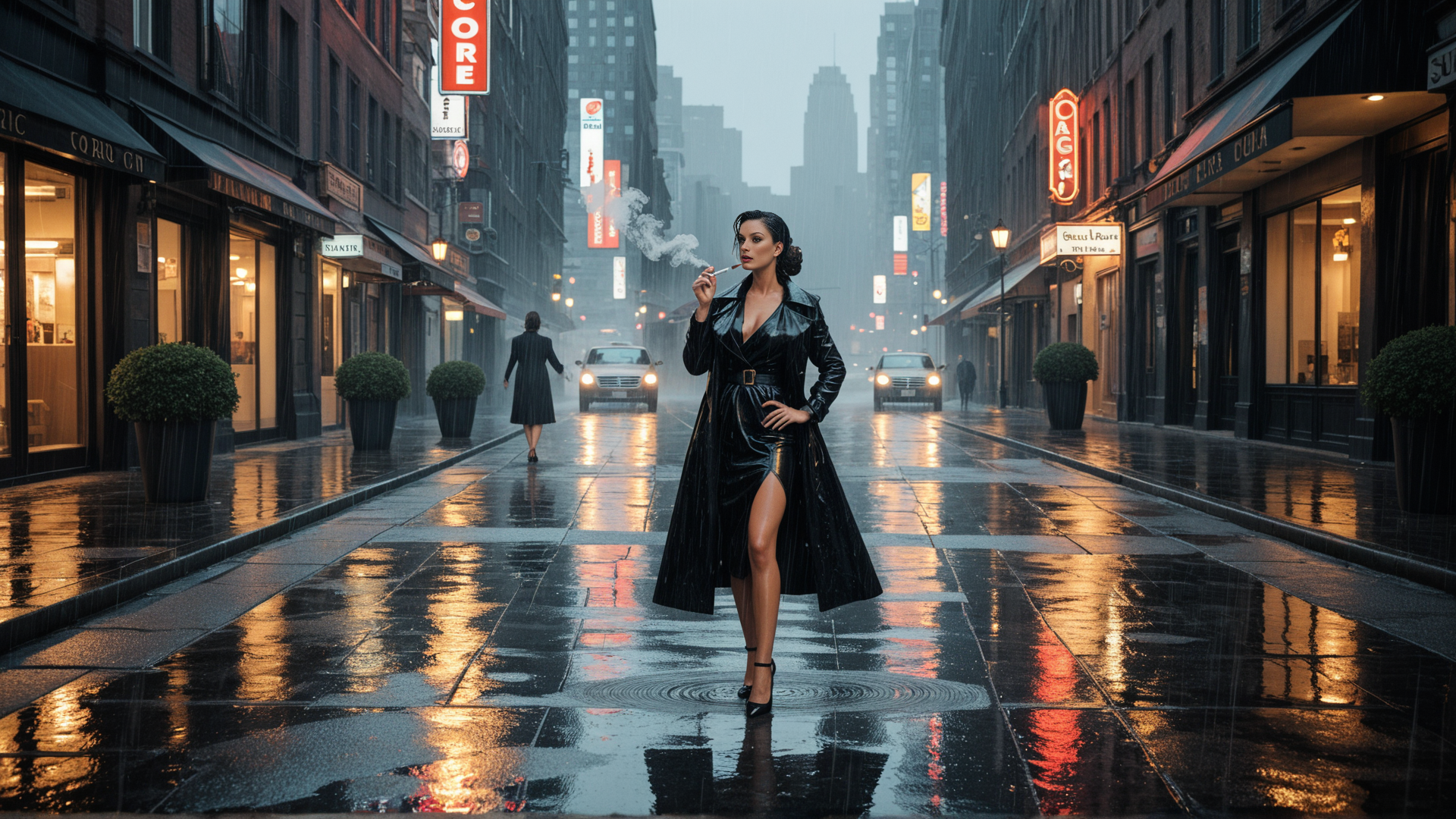 AI generated wallpaper featuring woman, city street, rain