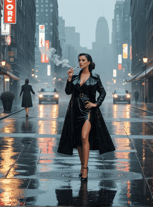woman, city street, rain