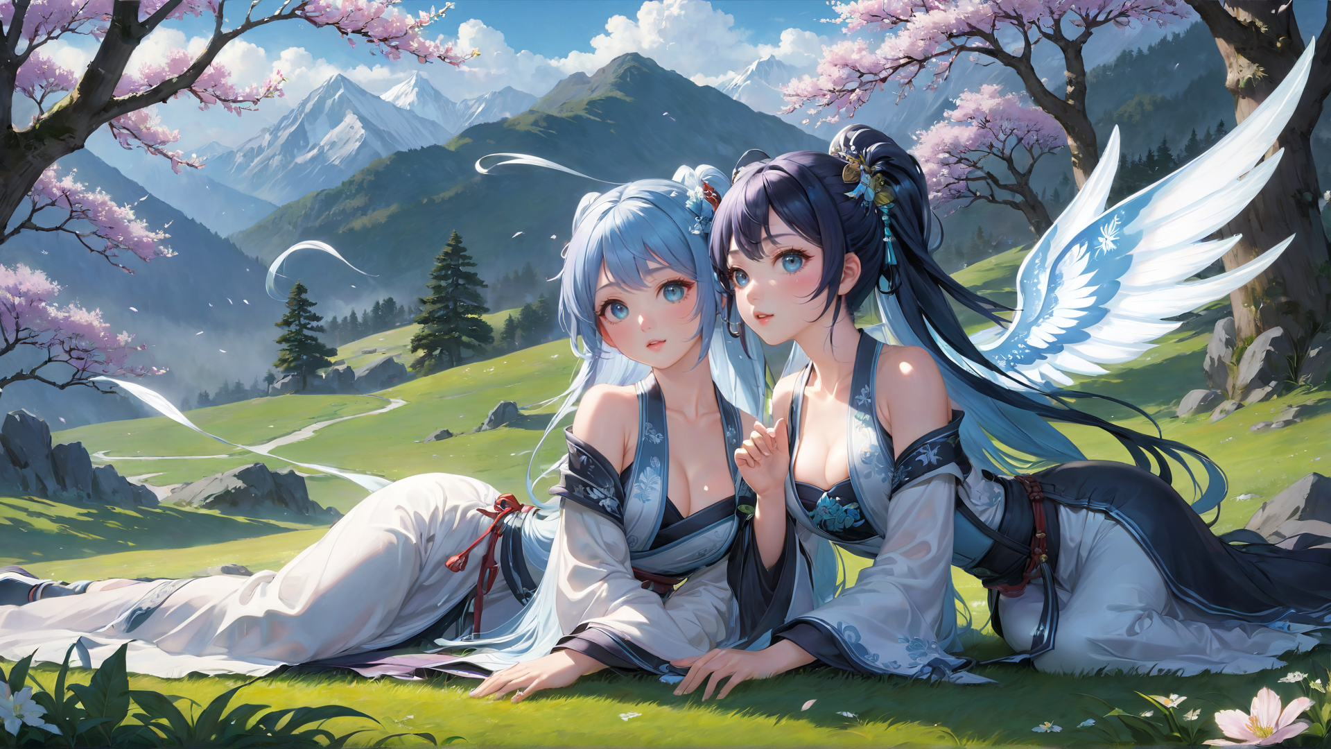 AI generated wallpaper featuring girl, anime, angel, cherry blossoms, mountains, grass, trees, wing, dress, hair