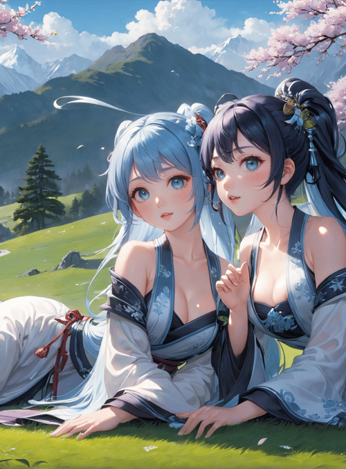 girl, anime, angel, cherry blossoms, mountains, grass, trees, wing, dress, hair