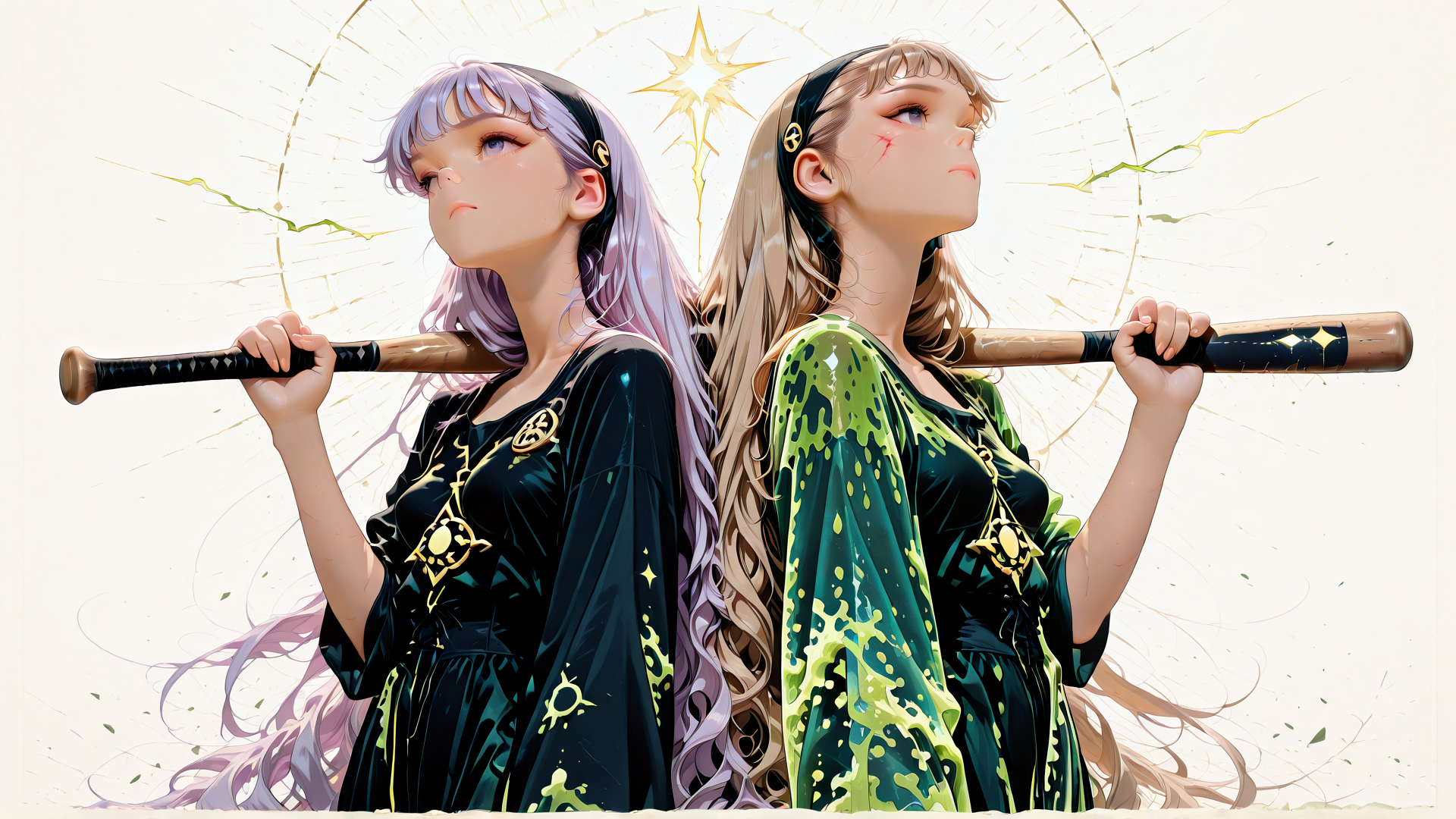 AI generated wallpaper featuring girls, baseball bat, sorcerer, witch, anime, maid
