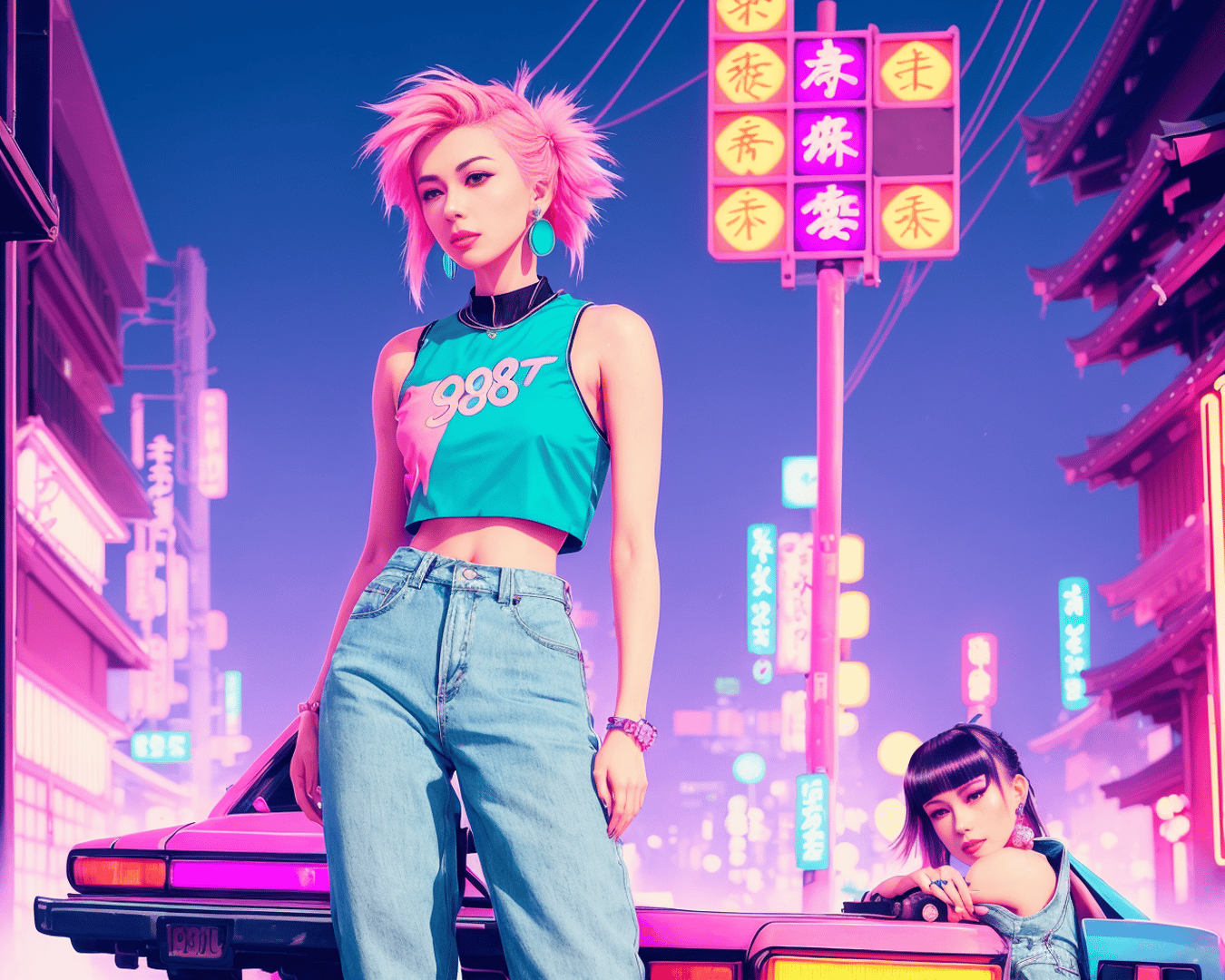 AI generated wallpaper featuring woman, car, city