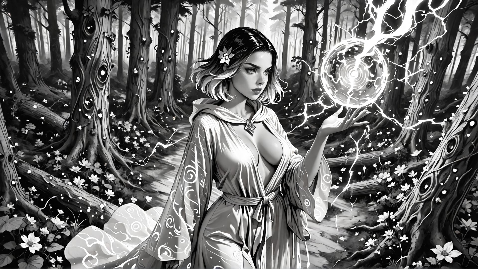 AI generated wallpaper featuring woman, forest, magic, ball, trees, flowers, lightning