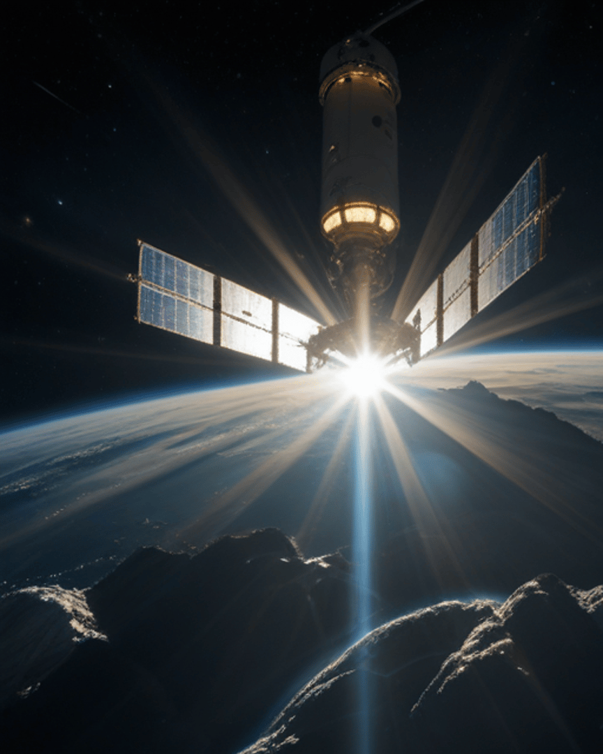 AI generated wallpaper featuring space station, satellite, solar panels