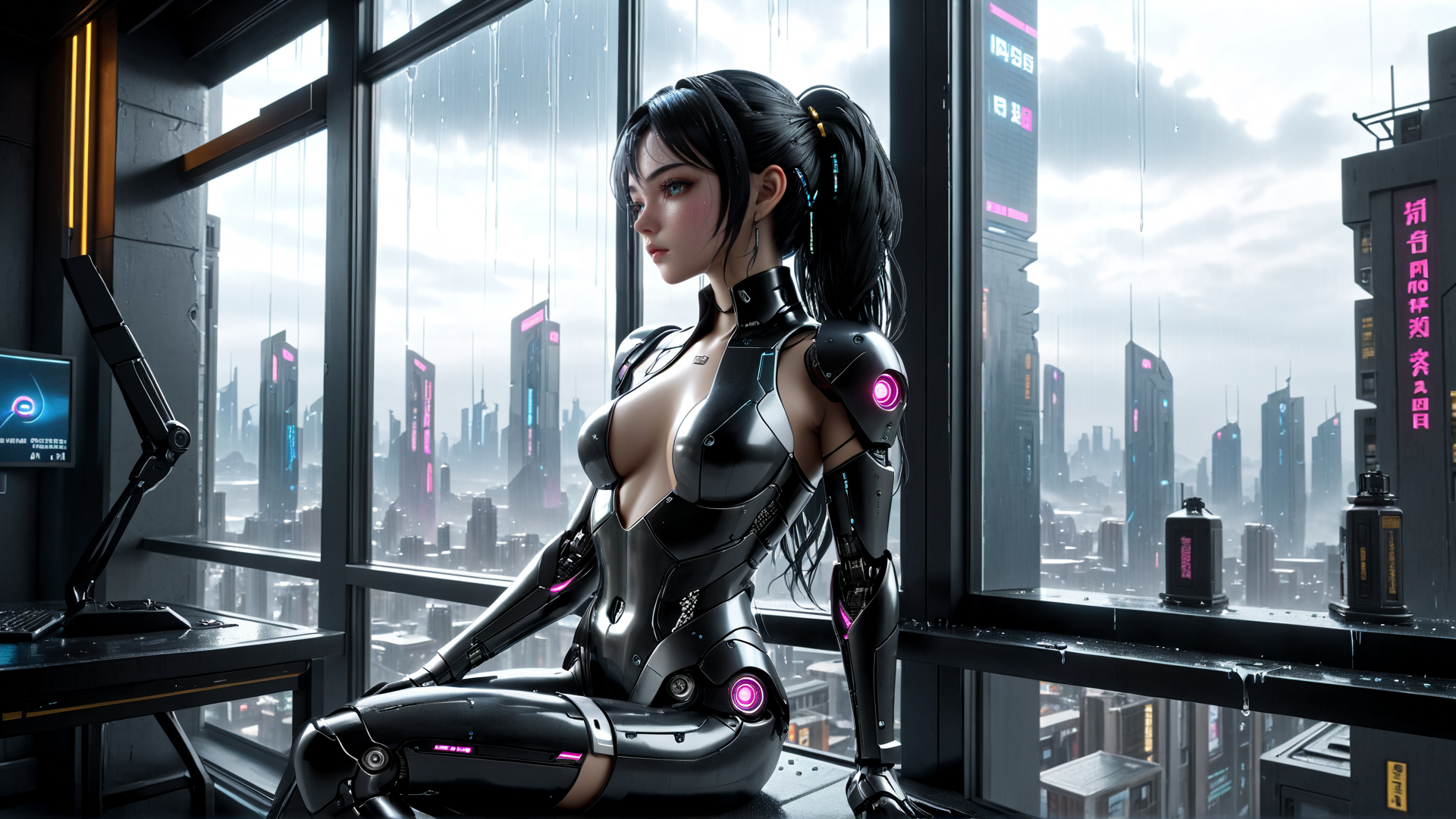 AI generated wallpaper featuring cyborg, woman, cityscape