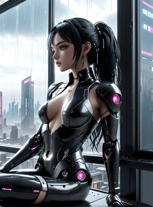 cyborg, woman, cityscape