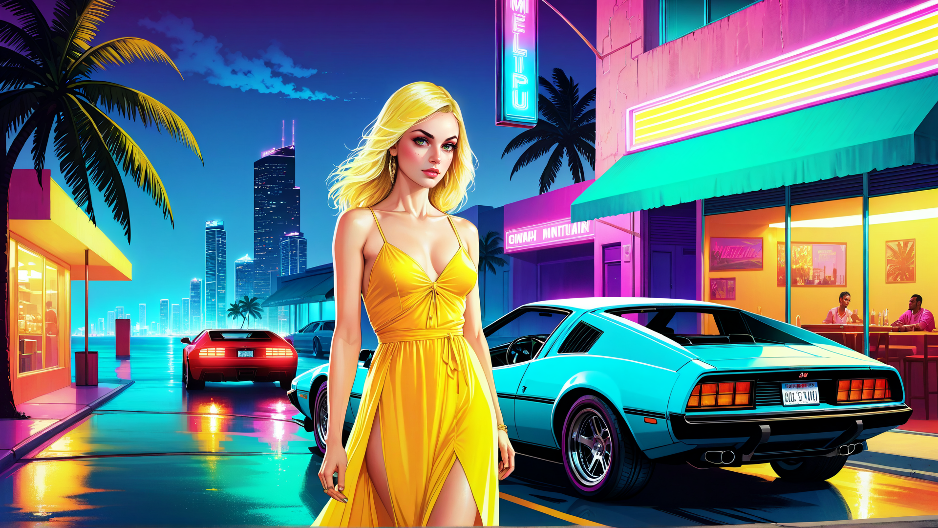 AI generated wallpaper featuring woman, car, city