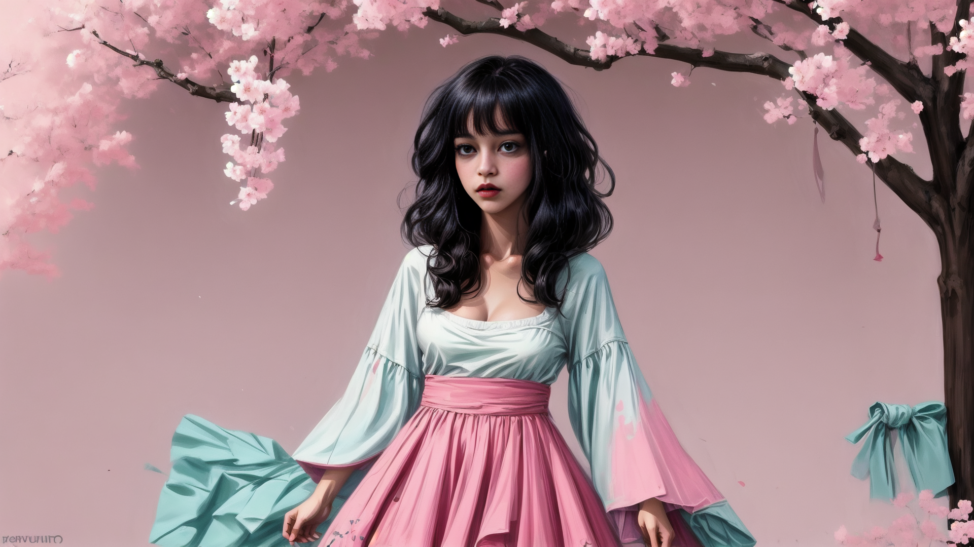 AI generated wallpaper featuring woman, cherry blossom tree, kimono