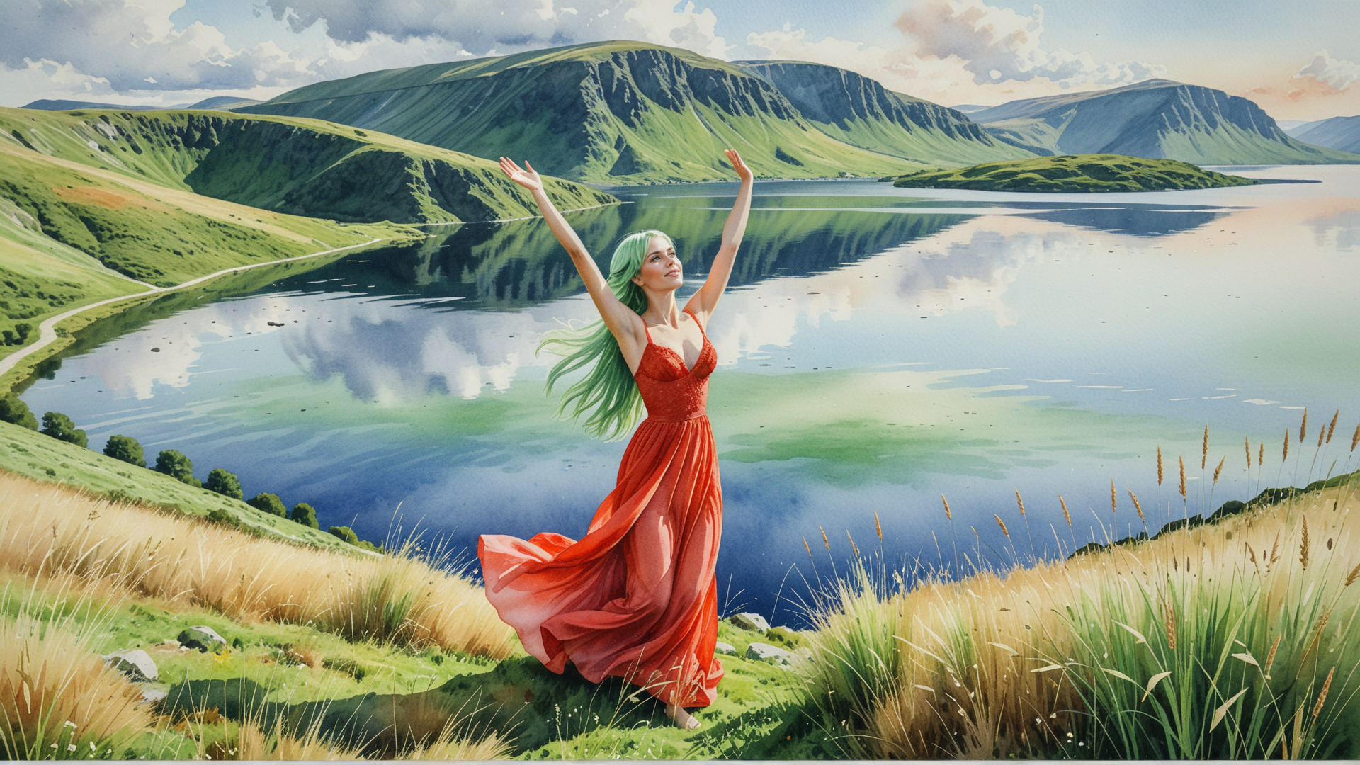 AI generated wallpaper featuring woman, lake, mountains, grass, dress, hair, sky, clouds, path, field
