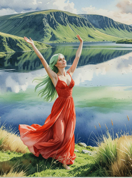 woman, lake, mountains, grass, dress, hair, sky, clouds, path, field