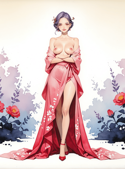 woman, dress, flowers, roses, silk, high heels, hairpins, watercolor, sash, gown