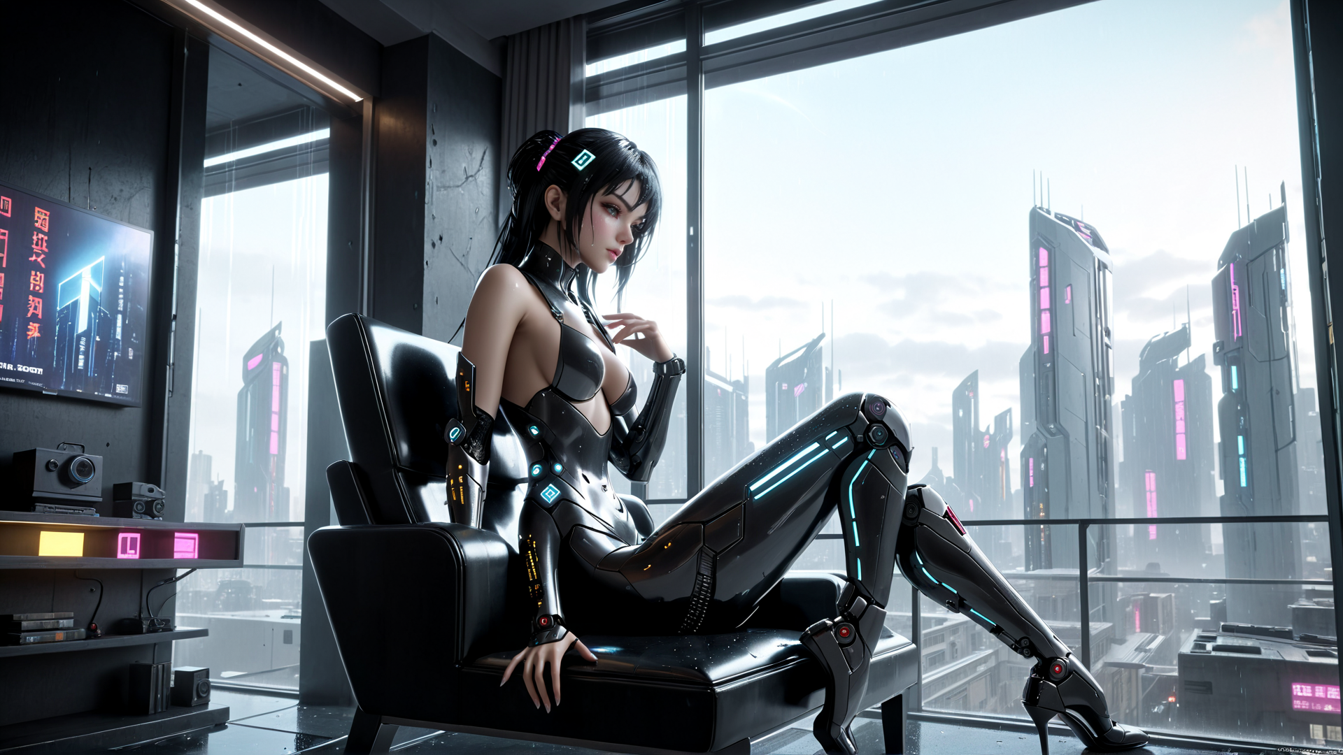 AI generated wallpaper featuring cyborg, woman, chair