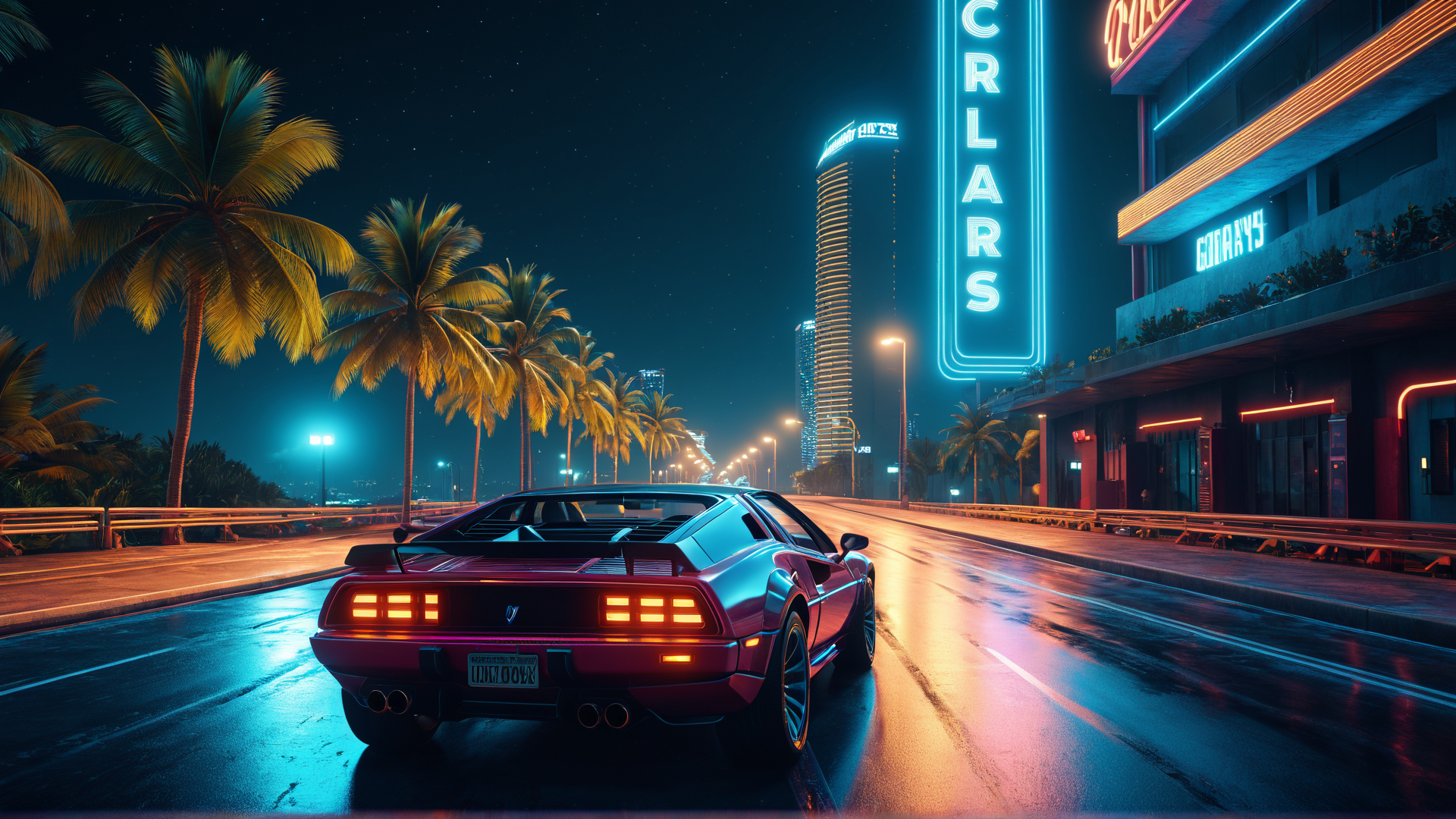 AI generated wallpaper featuring car, palm trees, neon signs