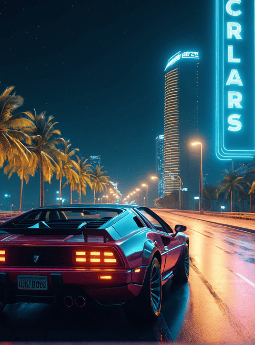 car, palm trees, neon signs