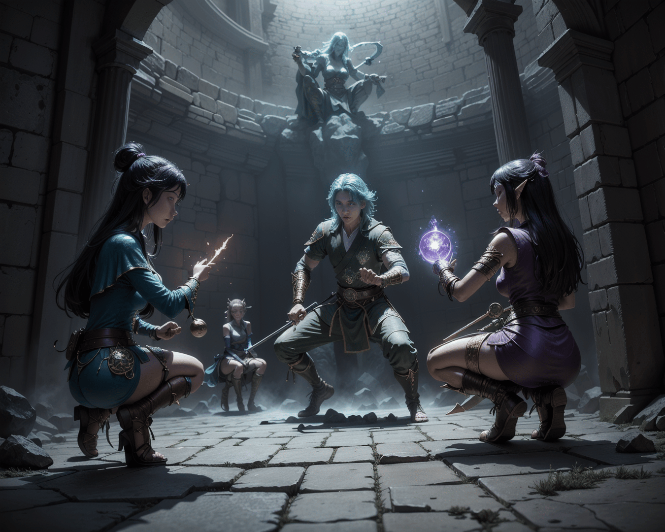 AI generated wallpaper featuring characters, statue, magic