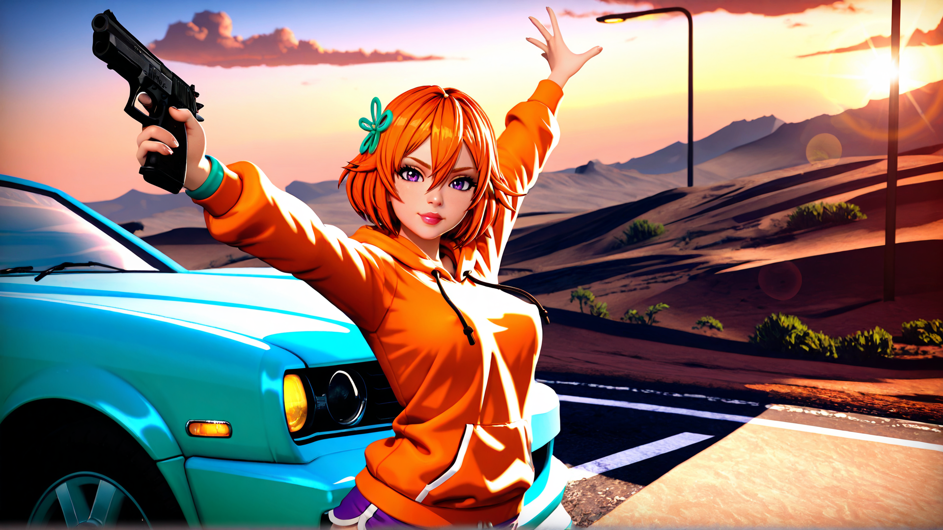 AI generated wallpaper featuring girl, gun, car, sunset, desert