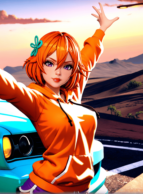 girl, gun, car, sunset, desert