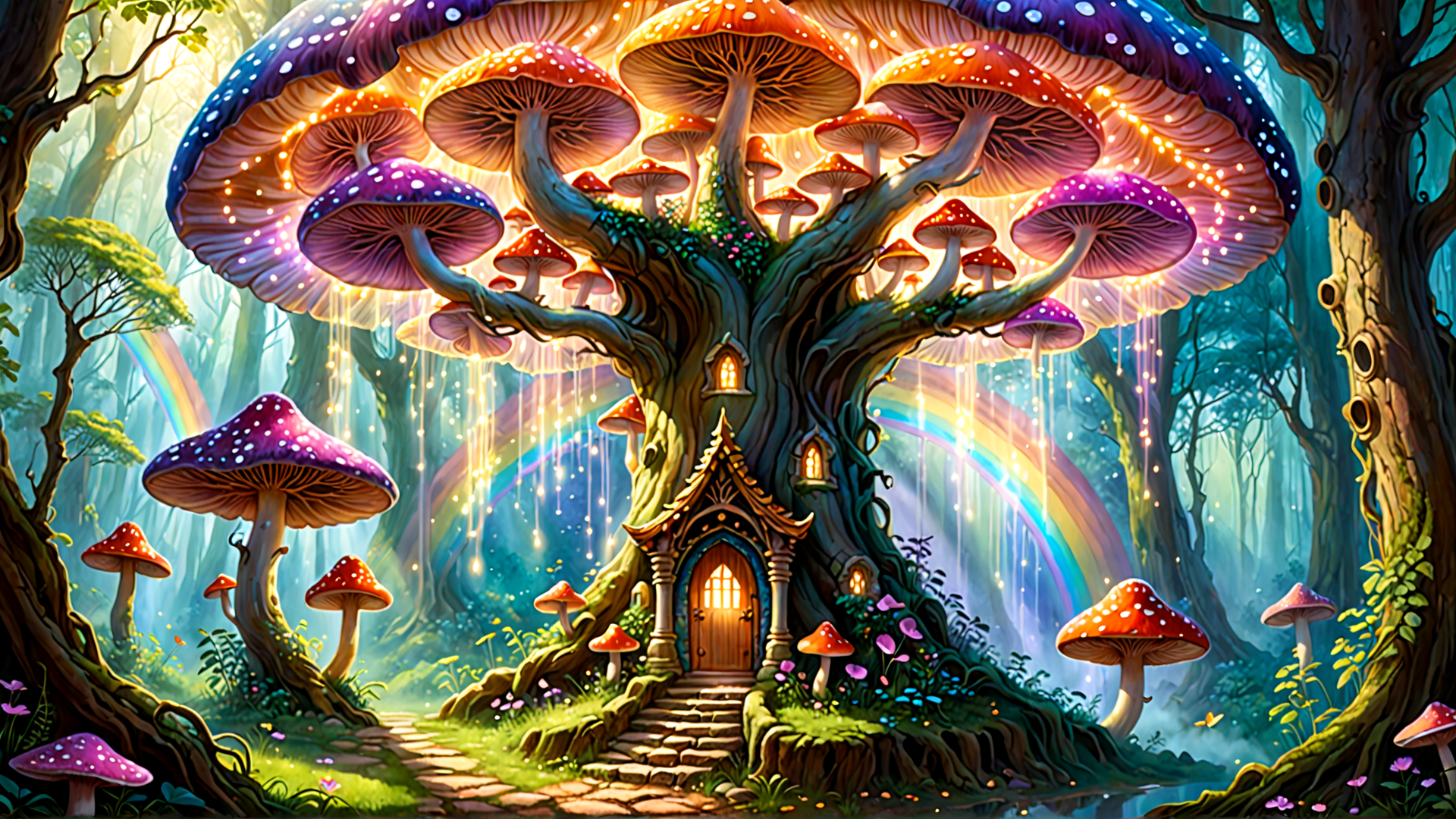 AI generated wallpaper featuring tree, mushroom, house, rainbow, forest, sparkles, fairy, path, butterfly, flower