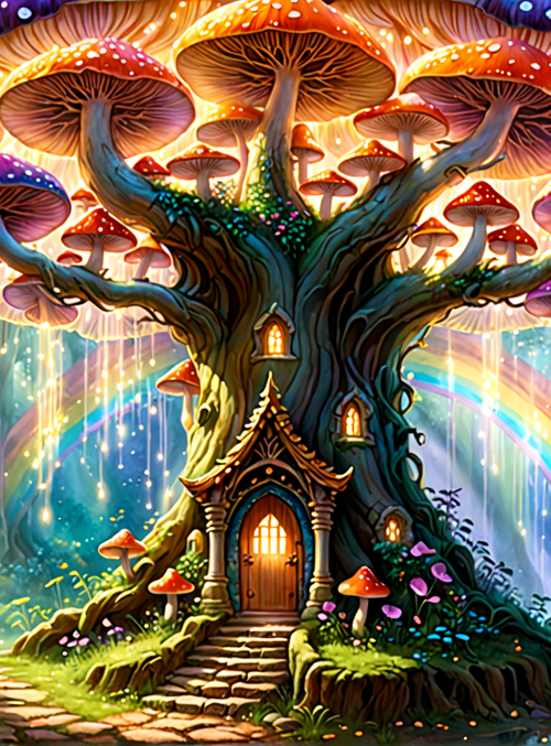tree, mushroom, house, rainbow, forest, sparkles, fairy, path, butterfly, flower