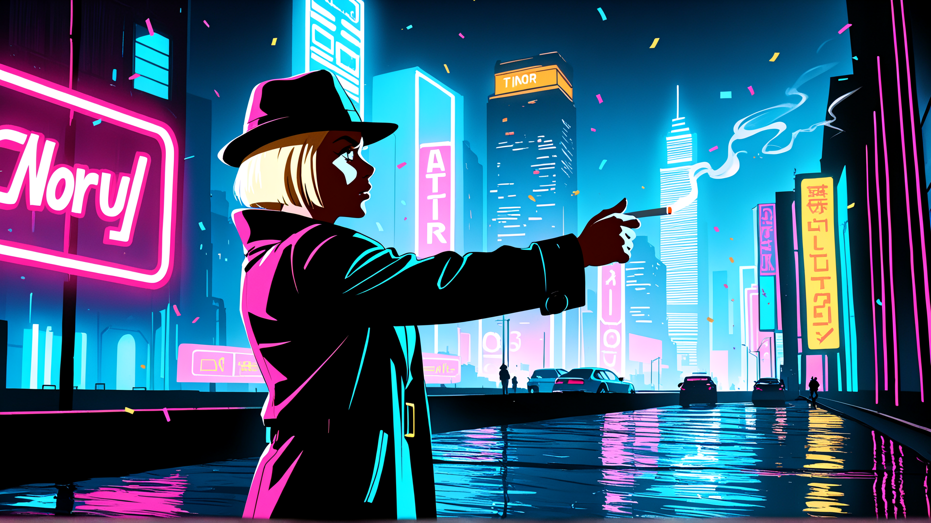 AI generated wallpaper featuring person, cityscape, neon lights, trench coat, hat, cigarette, cars, buildings, signs, confetti