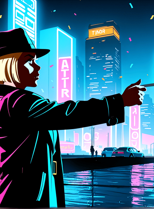 person, cityscape, neon lights, trench coat, hat, cigarette, cars, buildings, signs, confetti
