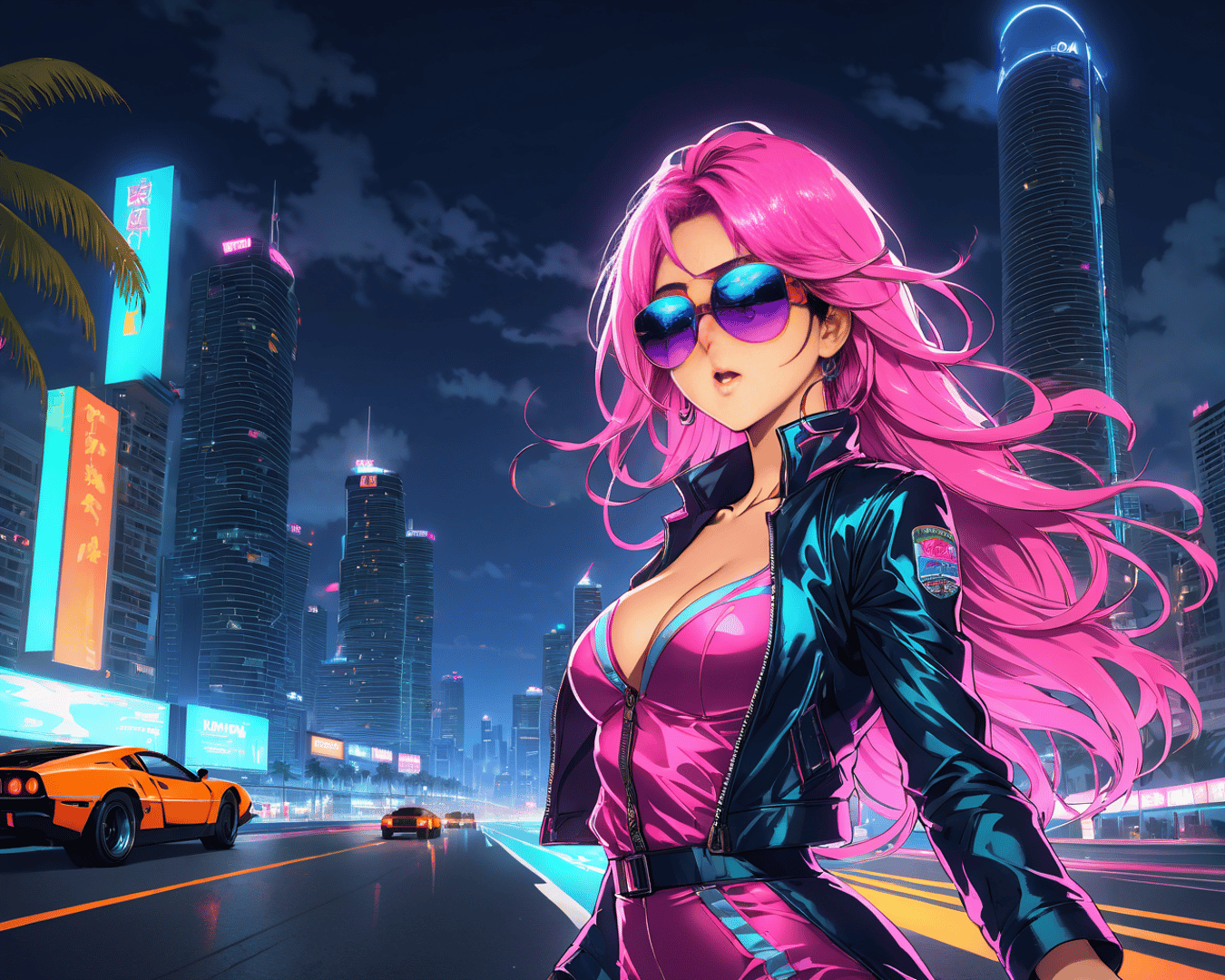 AI generated wallpaper featuring woman, cityscape, car