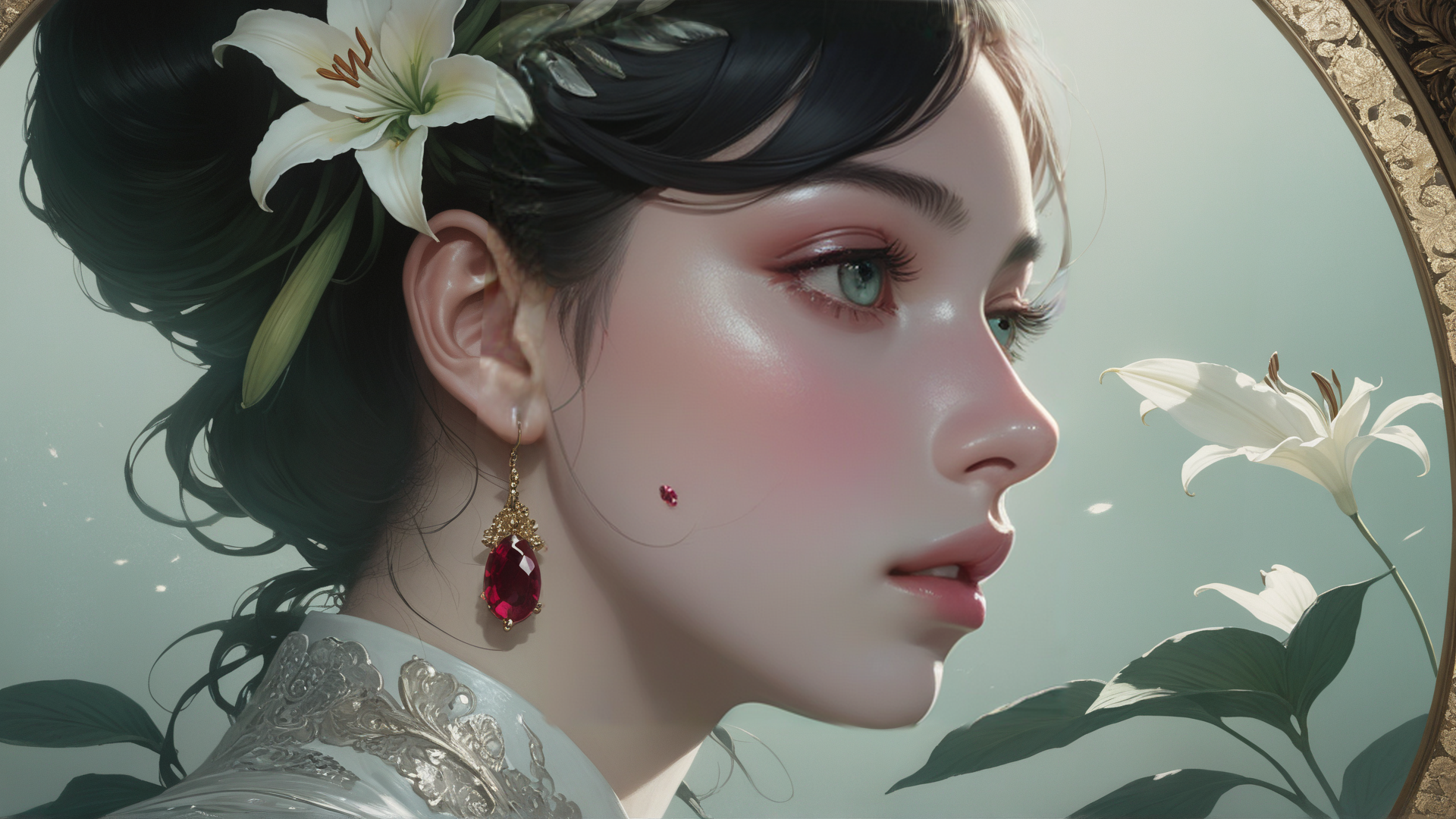 AI generated wallpaper featuring woman, lily, earring