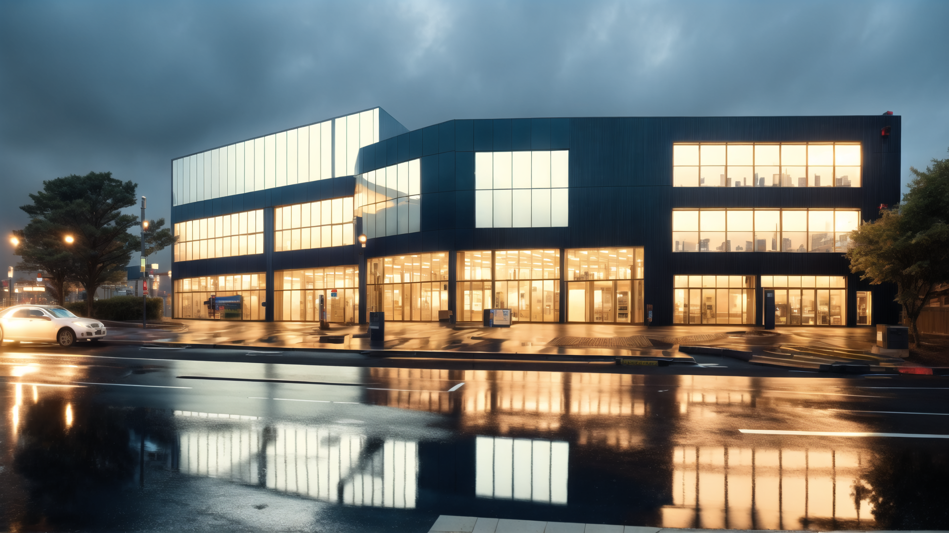 AI generated wallpaper featuring building, car, street, window, tree, light, reflection, road, sky, cloud