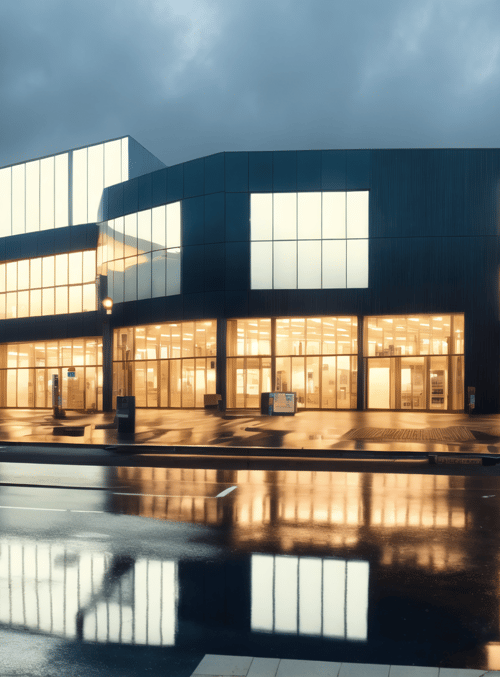 building, car, street, window, tree, light, reflection, road, sky, cloud