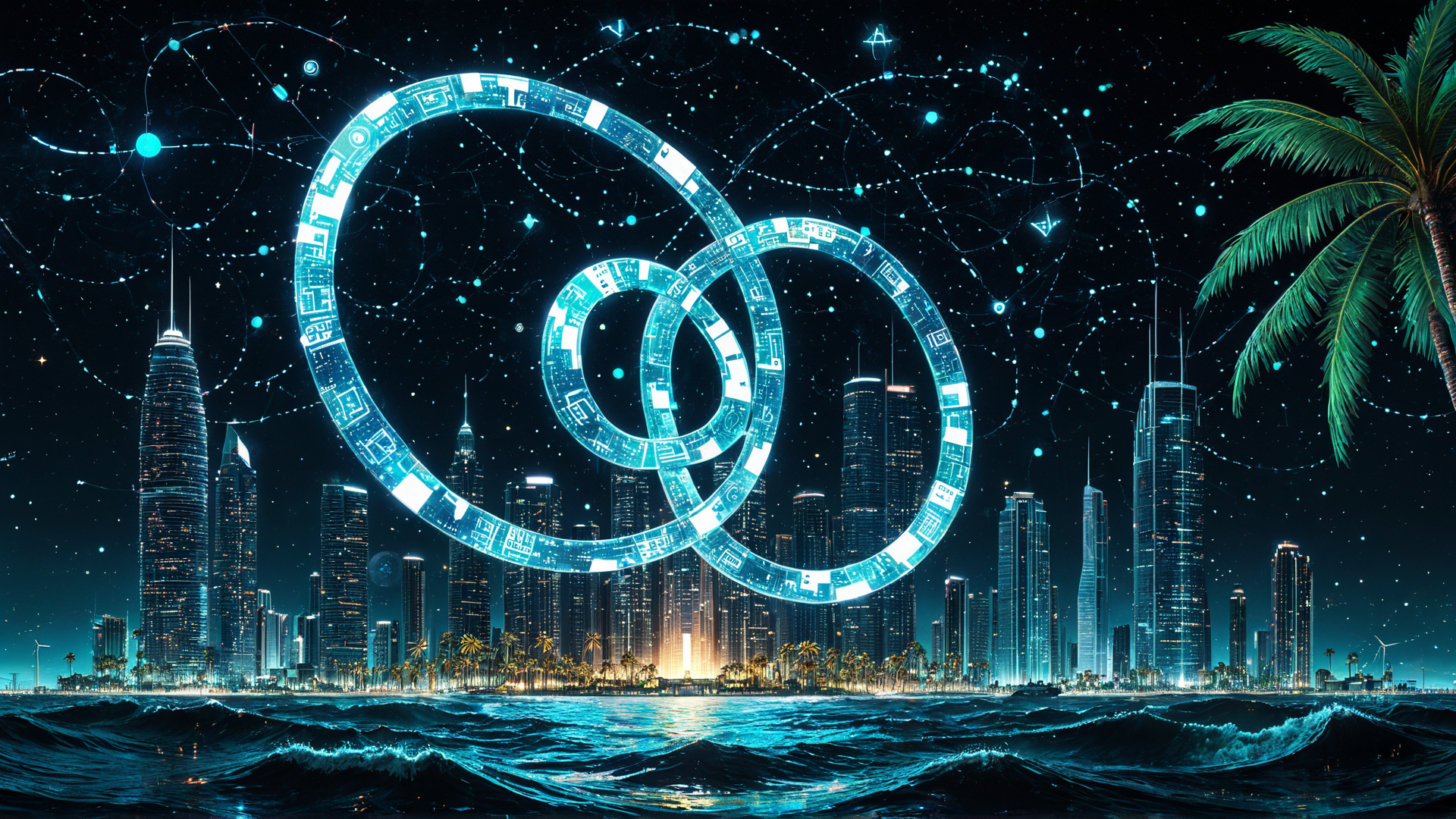 AI generated wallpaper featuring olympic rings, cityscape, ocean