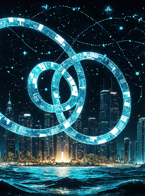 olympic rings, cityscape, ocean