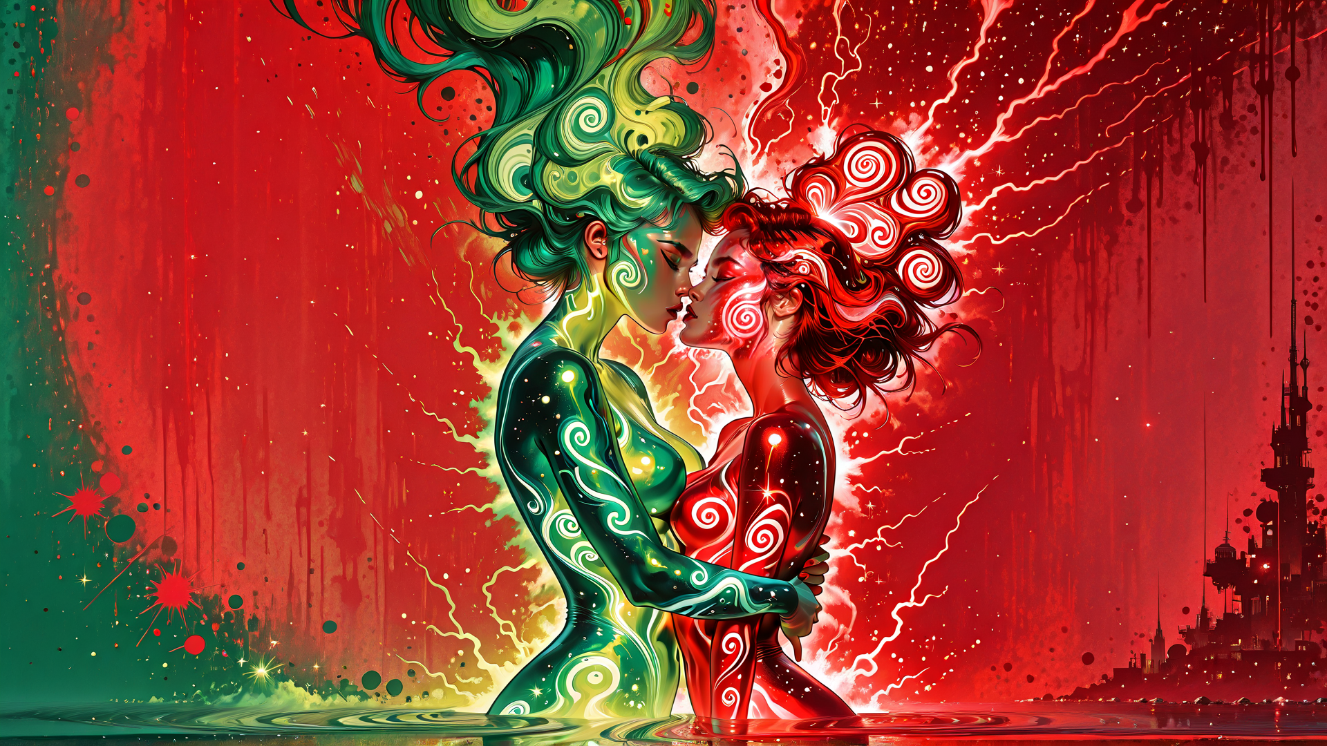 AI generated wallpaper featuring women, art, kiss, spirals, glowing, cityscape