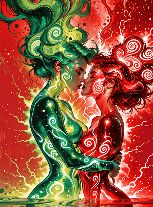 women, art, kiss, spirals, glowing, cityscape