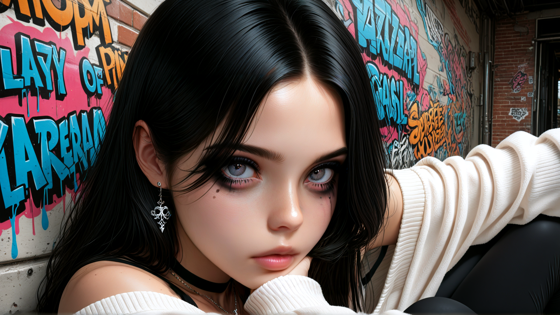 AI generated wallpaper featuring girl, graffiti, wall, earrings, sweater, choker, hair