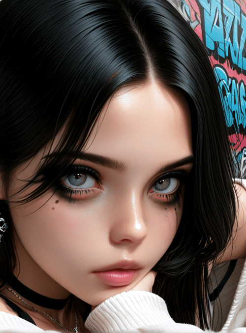 girl, graffiti, wall, earrings, sweater, choker, hair