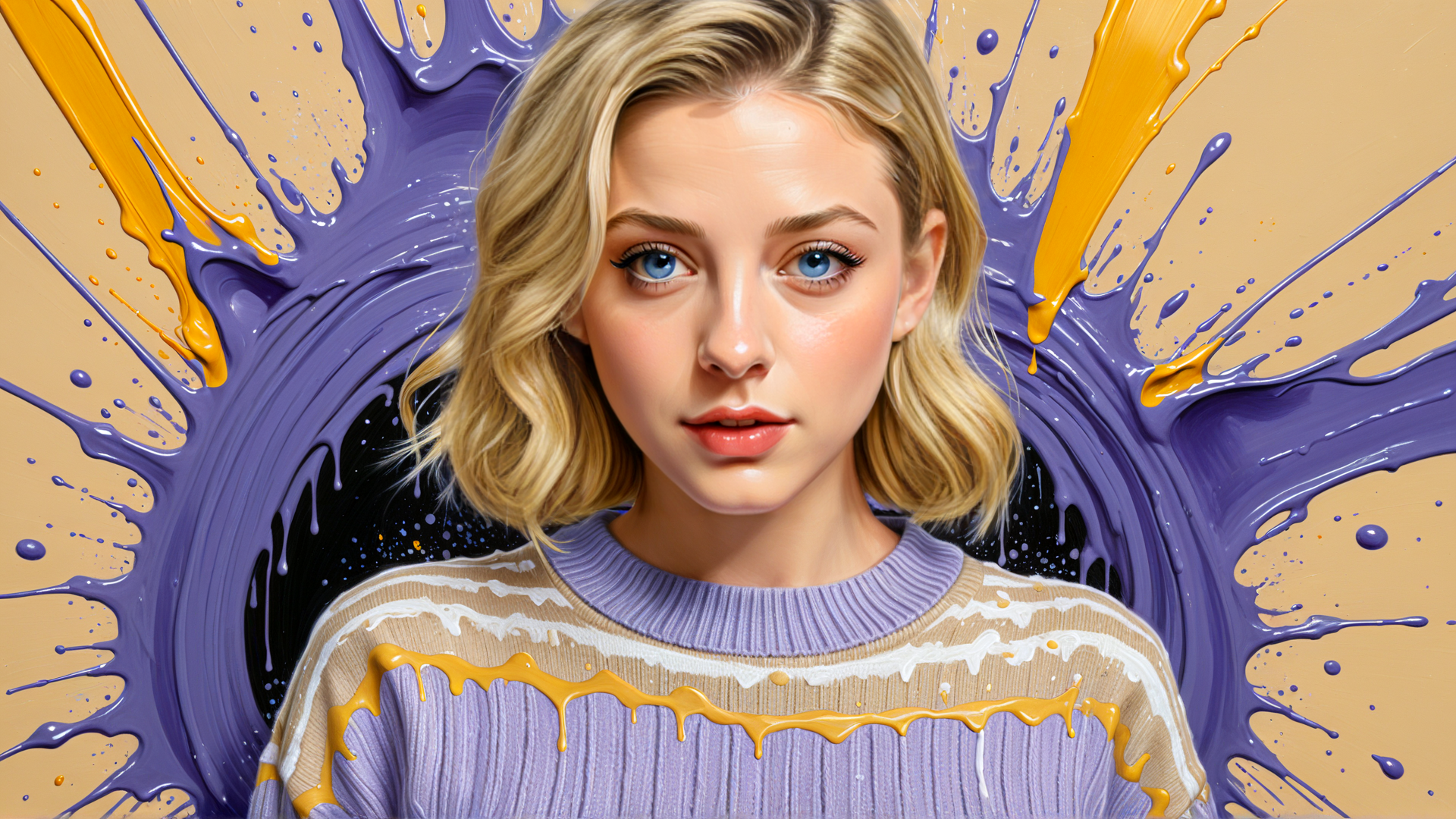 AI generated wallpaper featuring woman, sweater, paint, background