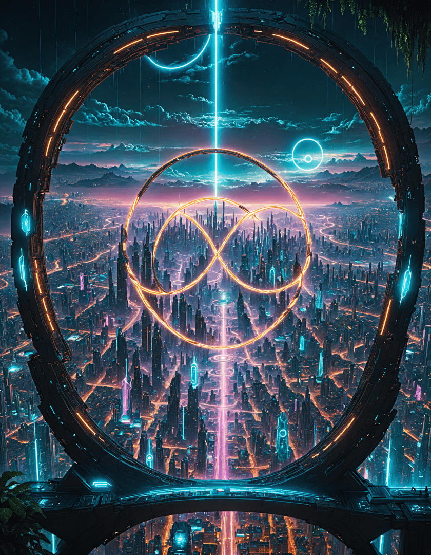 AI generated wallpaper featuring cityscape, neon rings, futuristic structure