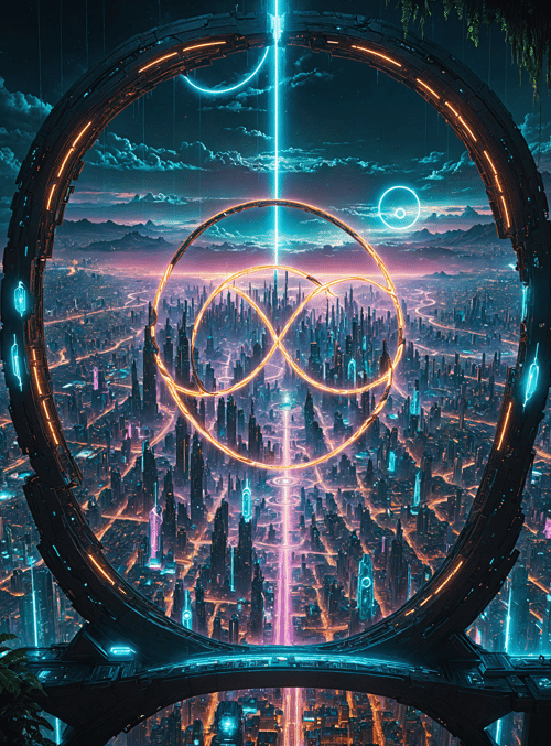 cityscape, neon rings, futuristic structure