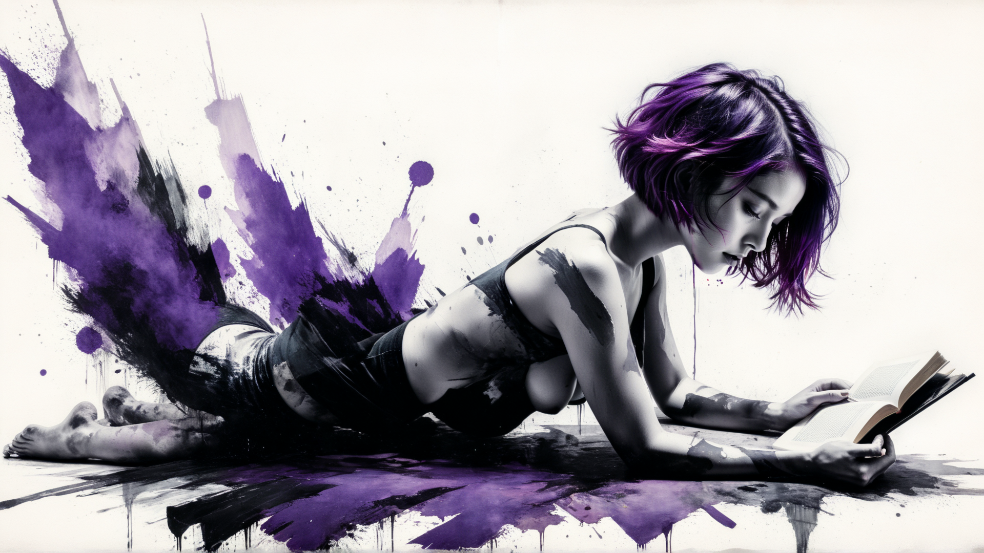 AI generated wallpaper featuring woman, book, ink, paint, art, purple, silk, inkblot, fashion