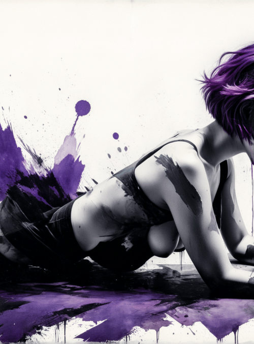 woman, book, ink, paint, art, purple, silk, inkblot, fashion