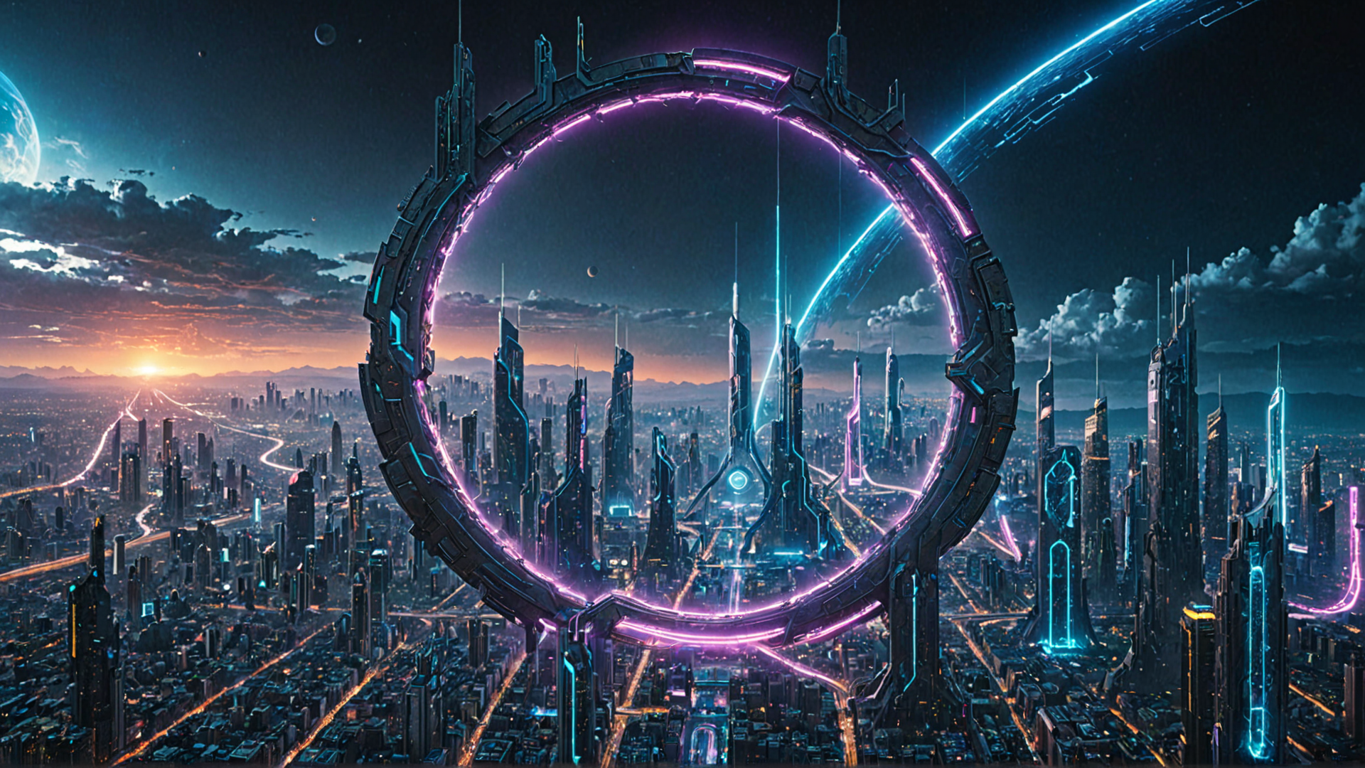 AI generated wallpaper featuring city, ring, skyscrapers