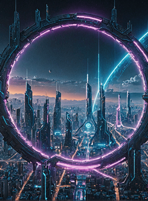 city, ring, skyscrapers