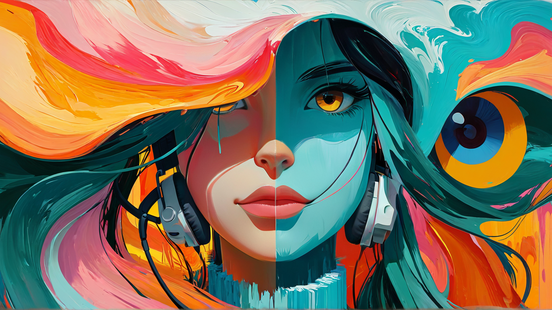 AI generated wallpaper featuring girl, headphones, hair, face