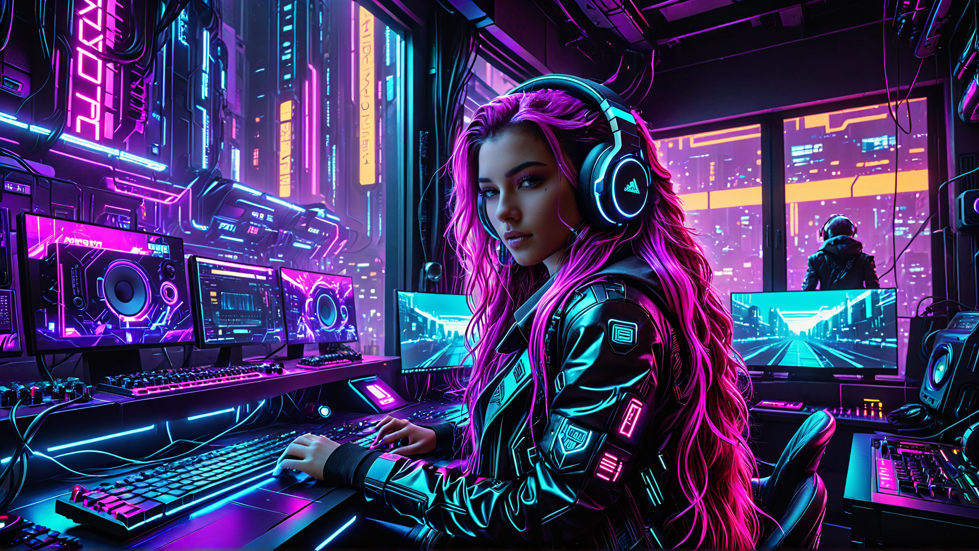 AI generated wallpaper featuring woman, gamer, neon