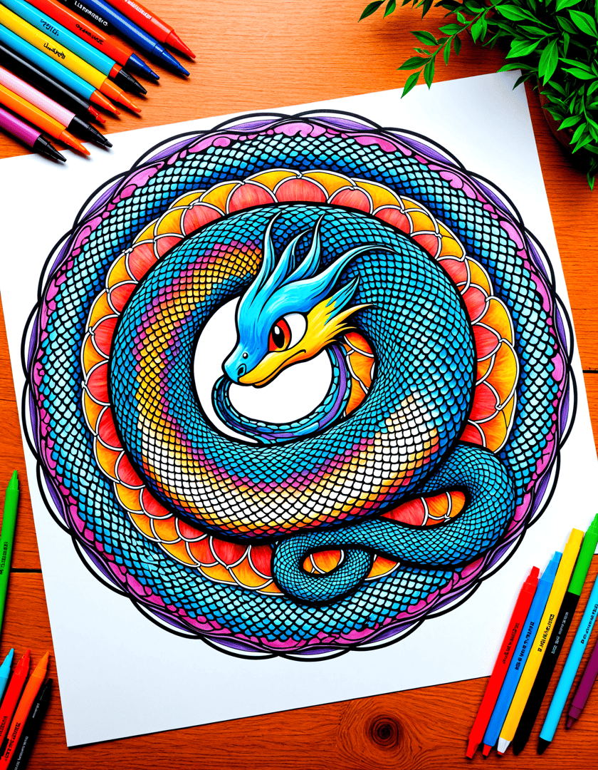 AI generated wallpaper featuring dragon, snake, artwork, coloring, illustration, drawing, painting