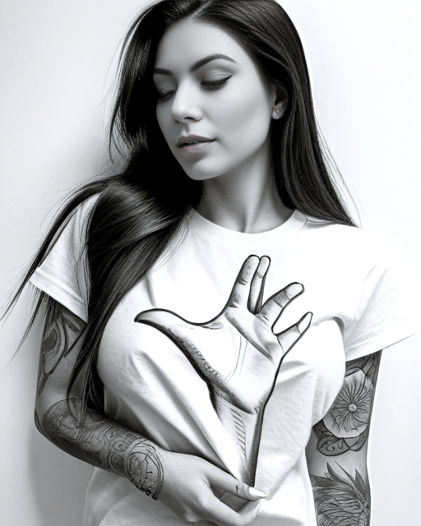 AI generated wallpaper featuring woman, t-shirt, tattoo, hand, long hair