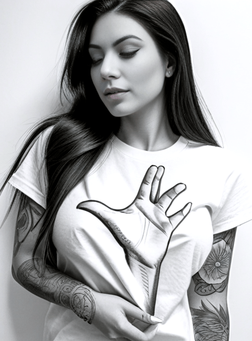 woman, t-shirt, tattoo, hand, long hair
