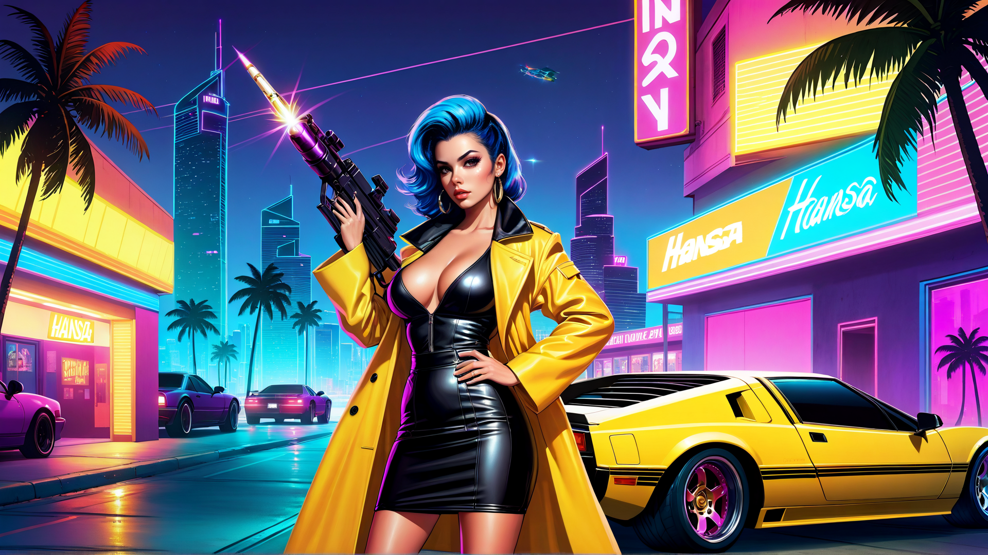 AI generated wallpaper featuring woman, gun, car, palm tree, city