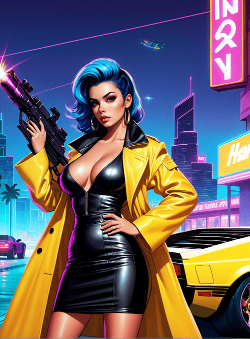 woman, gun, car, palm tree, city